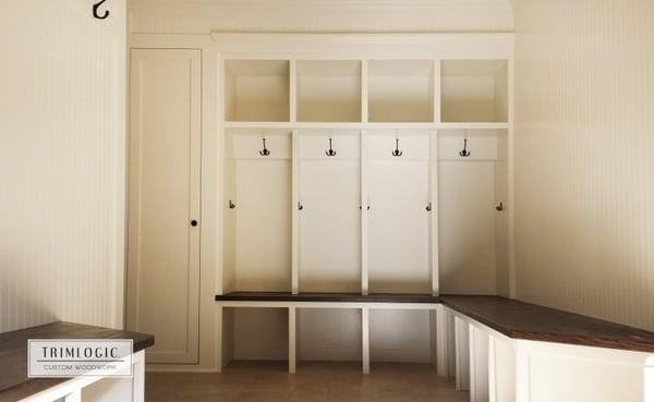 Ultra Functional Mudroom with Bead Board and Angled Oak-Top Benches