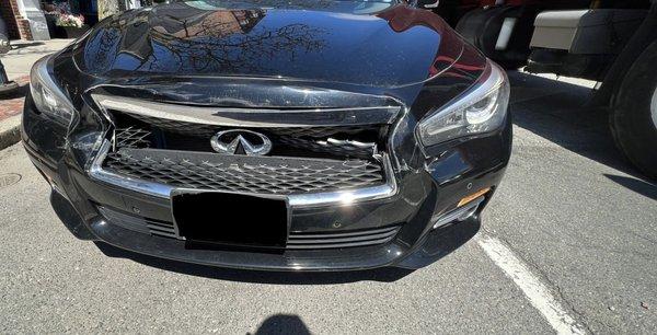 Damaged front end of car