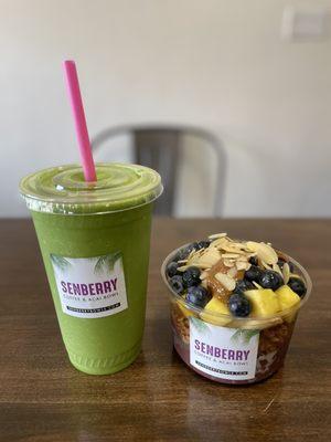 Avocado coco smoothie (fresh avocado, spinach, kale, pineapple, almond milk, organic agave, banana) and almond butter açaí bowl.