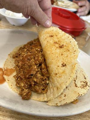 Chorizo & egg on a corn tortilla