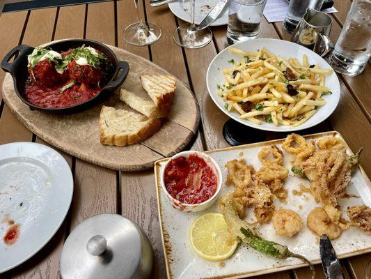 Meatballs, truffle fries, frito misto