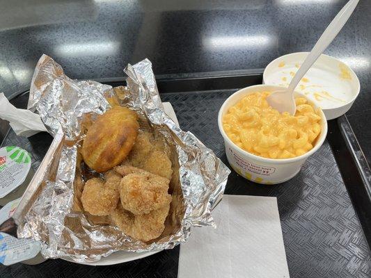 Honey Butter Fried Shrimp, Honey Butter Biscuit, and Mac & Cheese