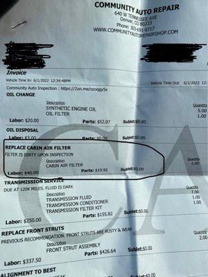 C.A.R's ridiculously overpriced bill. The cabin air filter "replacement" was invoiced, when the work was never done