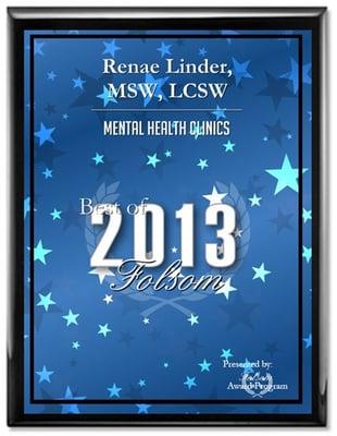 Renae Linder, MSW, LCSW Receives 2013 Best of Folsom Award