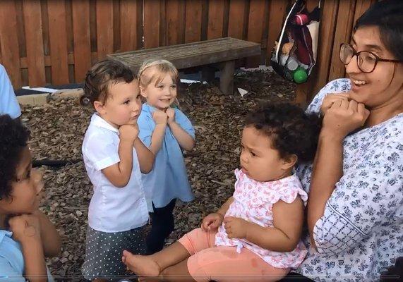 Today, we learned to sing a lullaby in a new language (Hindi). We learn songs and words in many languages at our preschool.