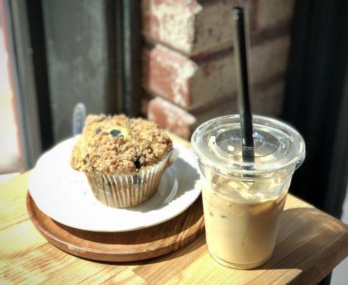 Iced honey lavender latte with a blueberry muffin