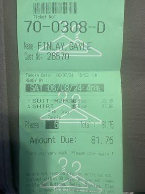 Receipt of cost of dry cleaning