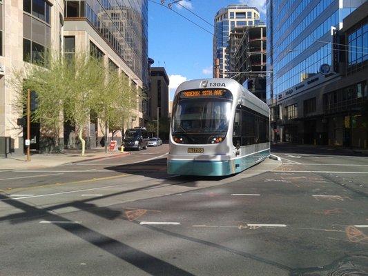 One of the Valley Metro trains is making the big bend downtown from Washington (E-W) to Central (N-S).