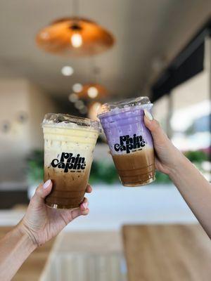 Egg Coffee on left, Ube Coffee on right