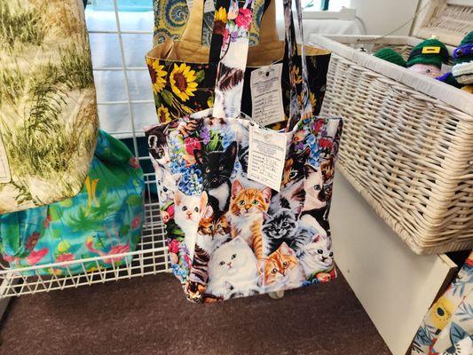 Handmade tote bag made with cat patterned fabric