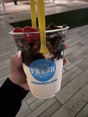 Custom sundae with Oreos, pecans and hot fudge