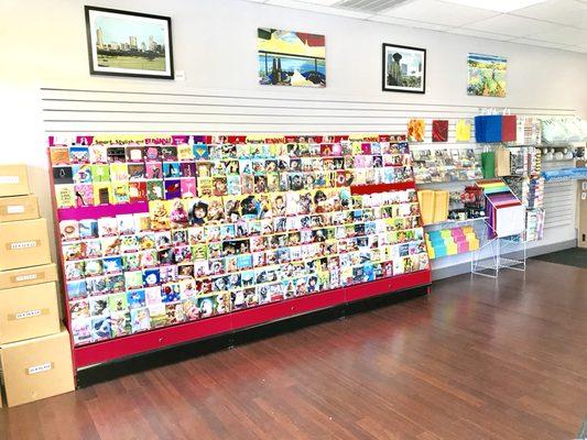 Large selection greeting cards,office supplies & boxes.