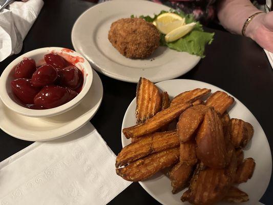 Crab Cake with Sweet Potato Fries & Harvard Beets