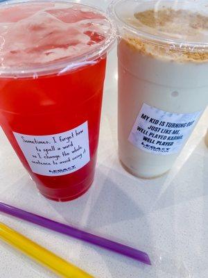 Strawberry crush energy tea and caramel crunch shake