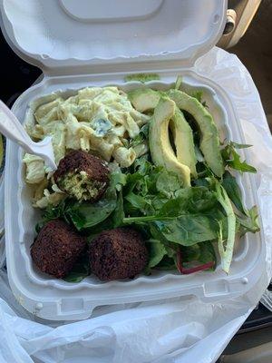 Falafel, Regular Salad and Macaroni Salad with Avocado  Can we get this on the Menu  Can Falafel be a protein !