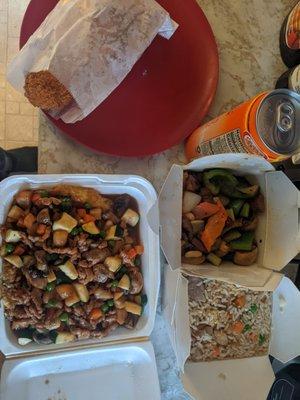 Egg foo young, Kung Pao beef, house fried rice, fried shrimp and Thai Tea in a can