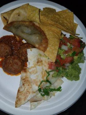 Chicken Quesadillas, Meatballs, Mushroom Empanadas, Guacamole w/ Chips