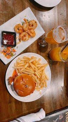 Jumbo Shrimps and Hot Honey Chicken Sandwich