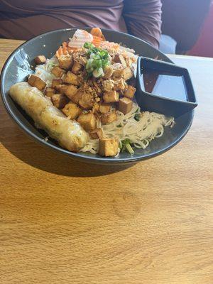 Crispy noodle bowl with spicy fish sauce