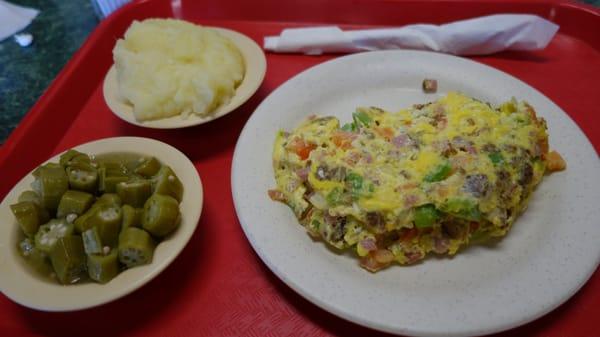 Q's Southern Omelette, with Mashed Potatoes and Okra