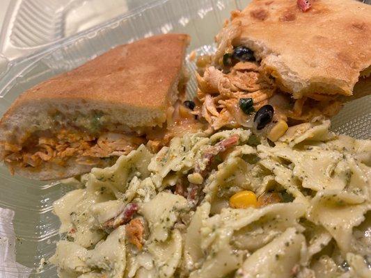 Spicy Chicken Sandwich with pasta salad