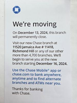 This Chase Bank branch 114-20 Jamaica Avenue, Richmond Hill, Queens location is permanently closing.