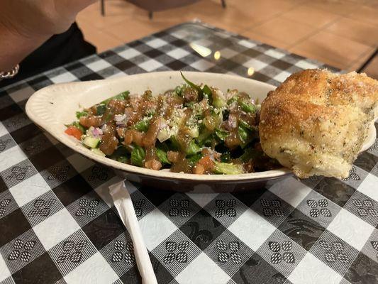 House Salad with homemade balsamic dressing and homemade garlic knots