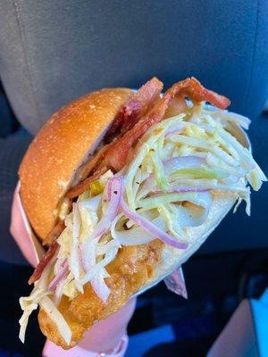 Pickle Focker sandwich -- fried chicken, bacon, pickles and slaw.