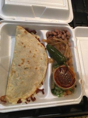 Asada quesadilla, beans, grilled onions & jalapeño, Pico de gallo & red salsa for $6