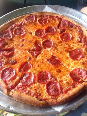 Extra cheese, pepperoni, well done.