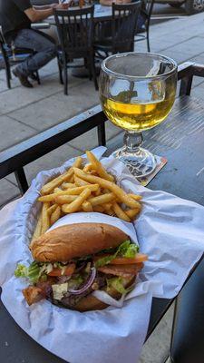 Burger and beer on a lovely day.