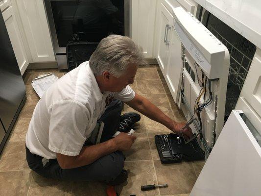 Disassembling dishwasher door to replace a broken soap cup dispenser.