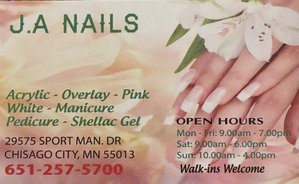 J-A Nails op n d in January and Lisa located off of Highway 8 next to McDonalds in Chisago City.  The shop is brand new.