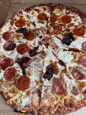 Our large pepperoni and bacon pizza