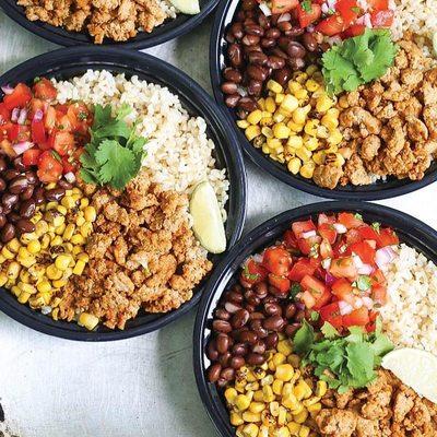 Ground turkey bowl with brown rice black bean grilled corn pico de gallo