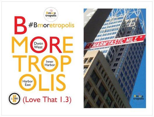 The Bmoretropolis promo poster with the 3 sections of The "Charm'tastic Mile", Dwtn-West, the Inner Harbor & Harbor East.