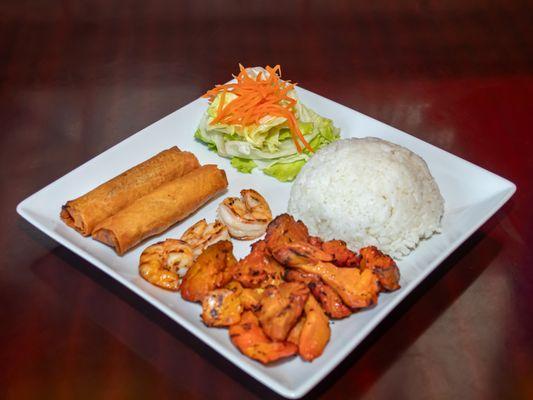 Rice Combo with Grilled Chicken, Shrimp, and Eggrolls