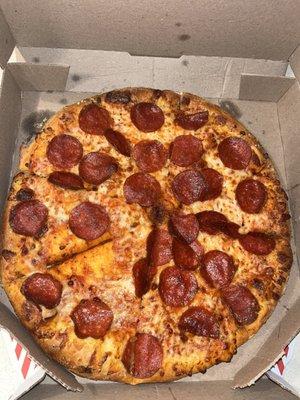 Overcooked pepperonis pizza