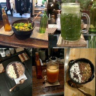 Organic juices, coffee & teas, and gluten free vegan food.