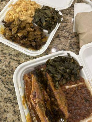 Pork ribs with baked beans and Collard Greens. Beef brisket with Mac N Cheese