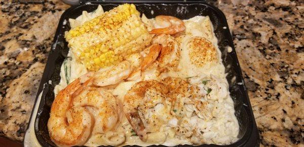 Hunny Do Pasta - Shrimp and Crab meat with penne pasta, alfredo sauce, corn and a boiled egg. (Pic 2)