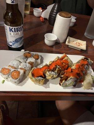 Spicy salmon roll (left) Las Vegas maki roll (right)