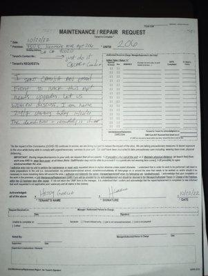 1 of many. In good faith - man 2 man, verbal agreement, I did not make copies of all the denied requests from years of rent paying.