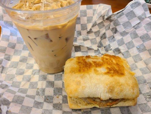 Caramel latte & a breakfast sandwich