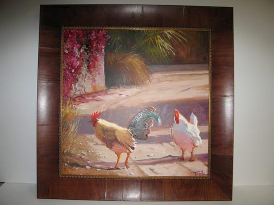 Oil painting presented in olive veneer frame with gold fillet