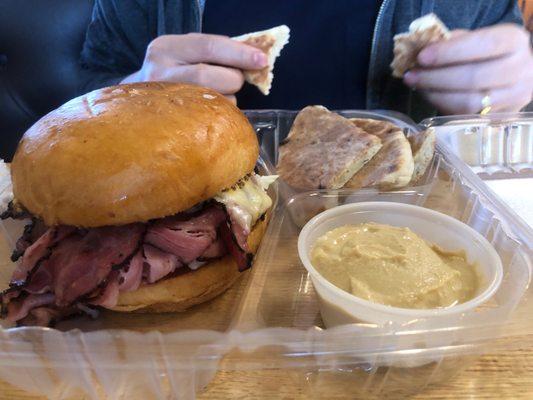 Pastrami Sandwich with hummus and pita!