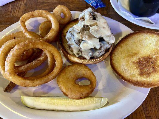 Mushroom Swiss Burger with onion rings