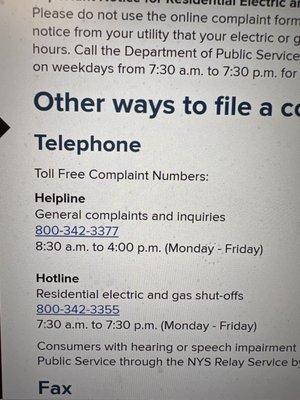 This is the Public Service Commission complaint line.