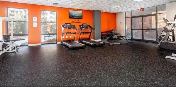 Recently-renovated fitness center amenity.