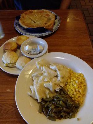 Chicken and dumplings with green beans, corn and biscuits and chicken pot pie